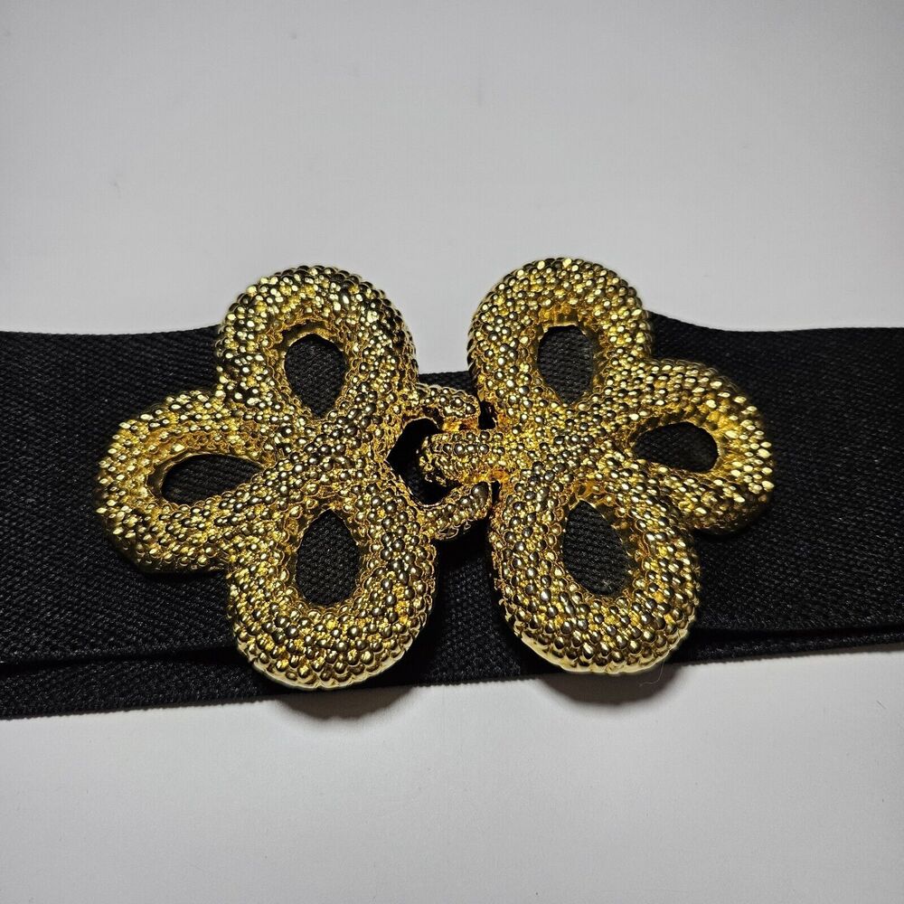 Vtg Black Elastic Stretch Belt Gold Tone Floral Clover Bow Knot Buckle Up To 31"